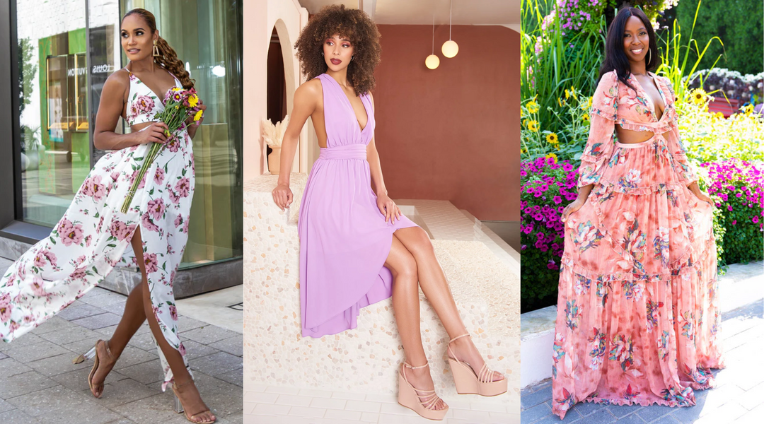 Three women in a floral high-slit dress, a lilac plunge dress, and a peach floral maxi with cutouts.
