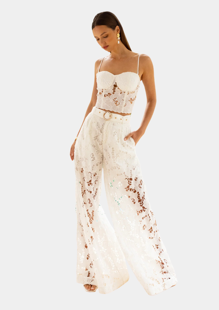 Dancing at Dusk Lace Pants with Belt - White