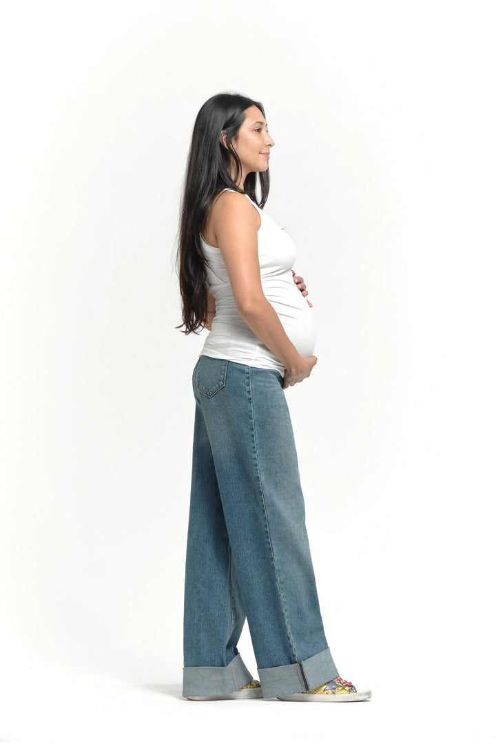 Maternity 36" Roll Cuff Wide Leg Jeans with Bellyband - Willa