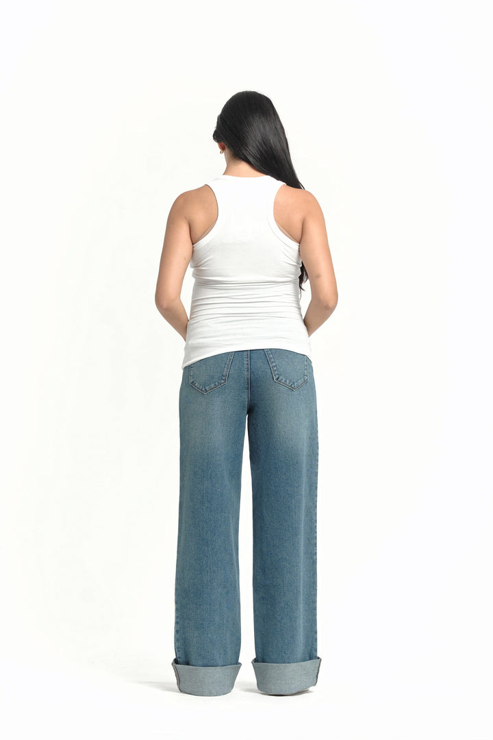 Maternity 36" Roll Cuff Wide Leg Jeans with Bellyband - Willa