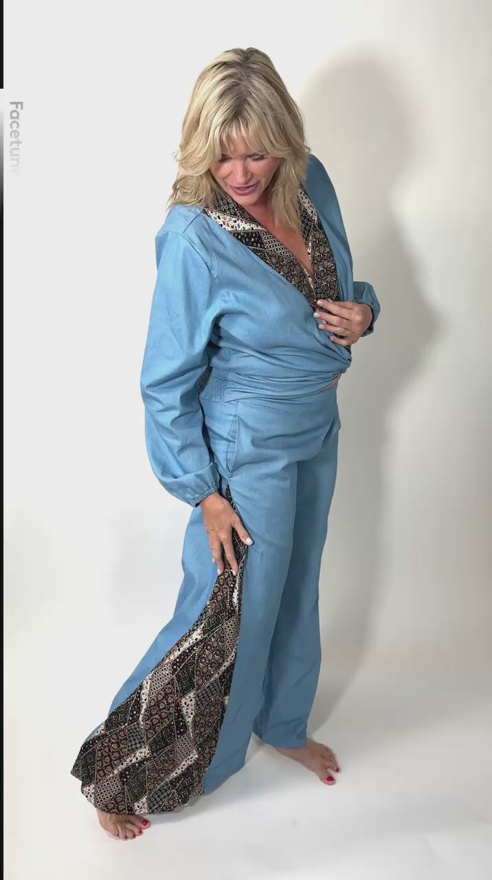 Dharma Denim Boho Set for Tall-Paisley Collar Twist Top & Harem Palazzo Pant