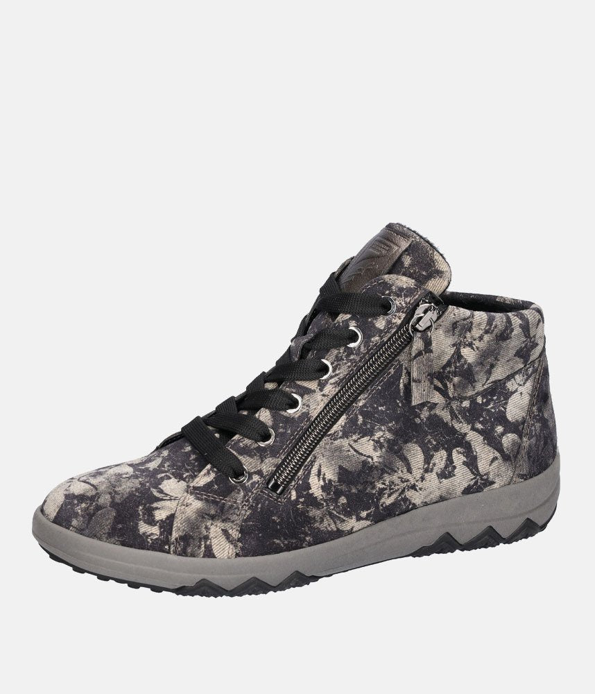 Waldlaufer Sporty Suede Hi-Top Ankle Boots - Black Floral