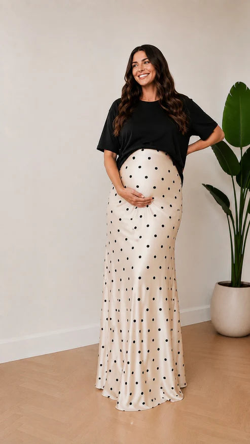 Tall Polka Dot Satin Maxi Skirt - Black Dots on Cream