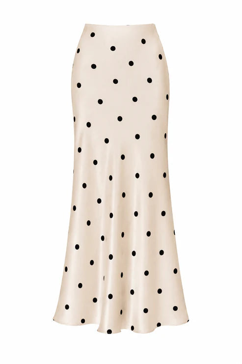 Tall Polka Dot Satin Maxi Skirt - Black Dots on Cream
