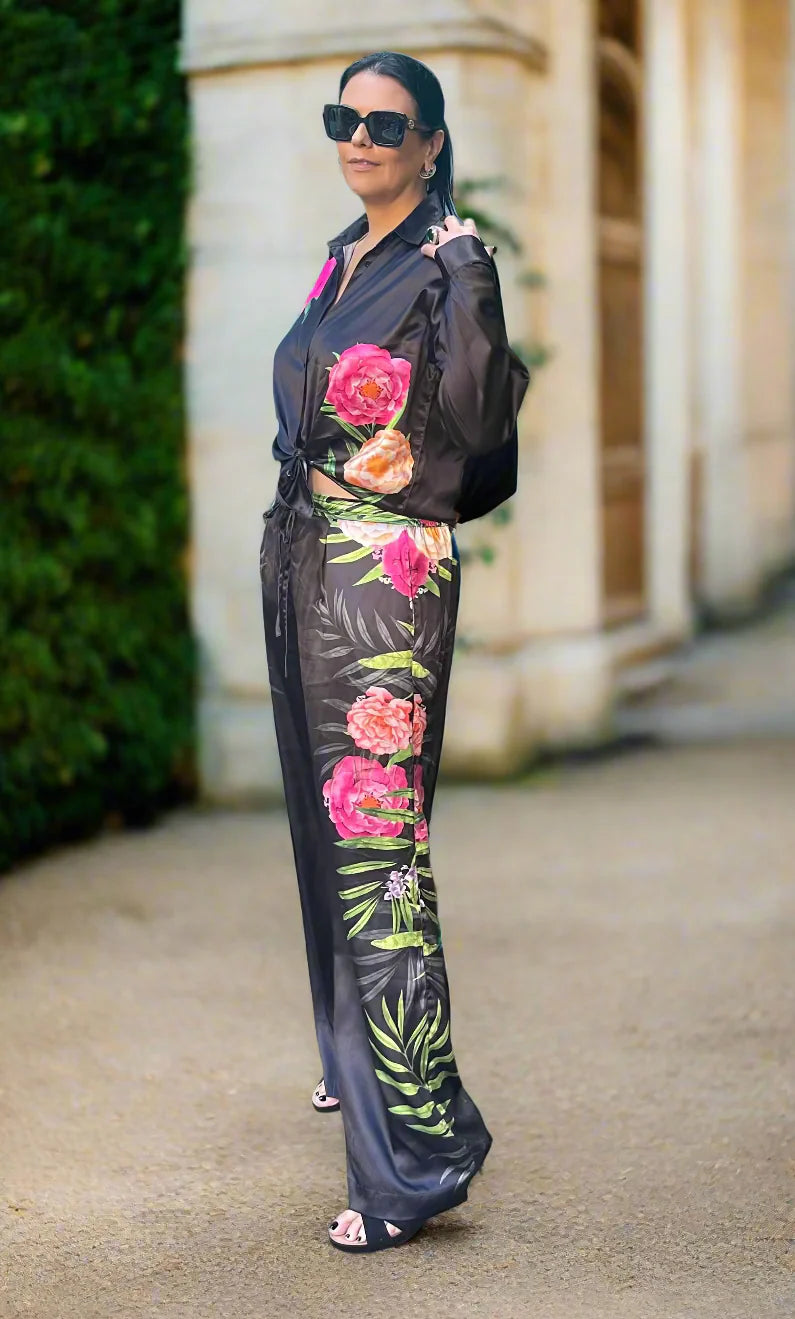 Tall Midnight Garden - Black and Floral Japanese Silk Set