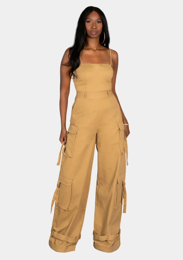 Street Chic Cargo Jumpsuit - Sand