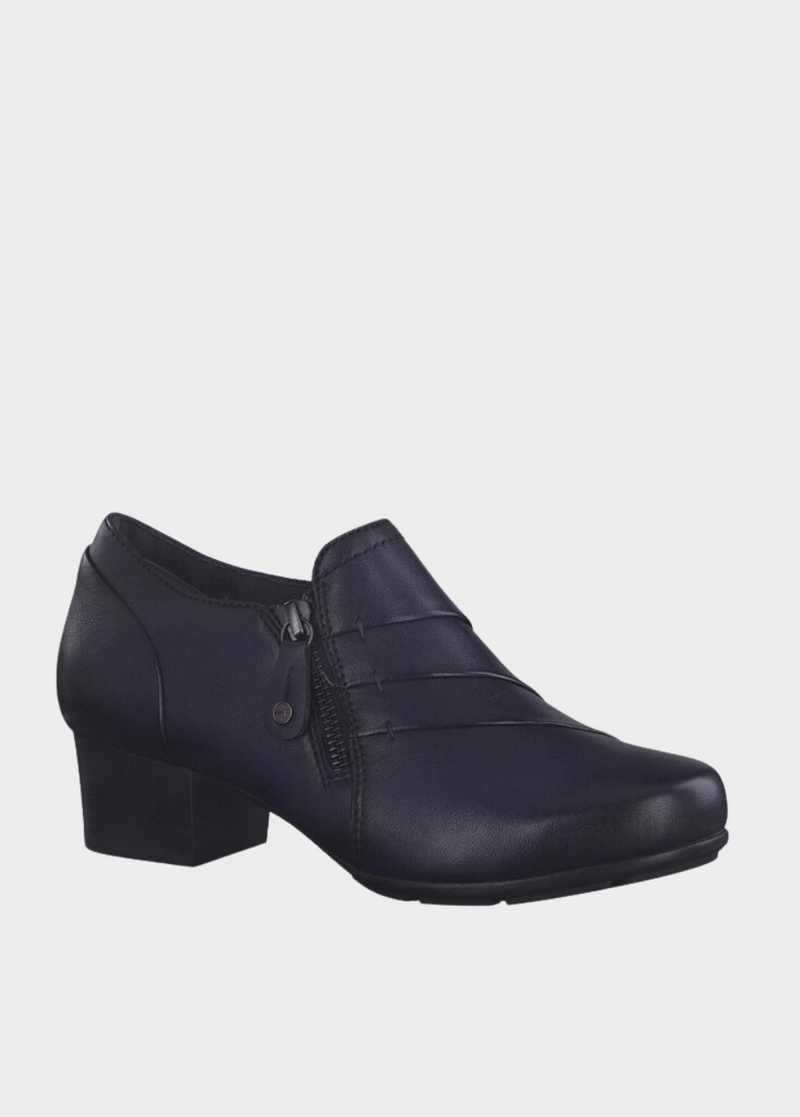Tamaris Chic Navy Leather Block Heel Shoe Boots With Zip