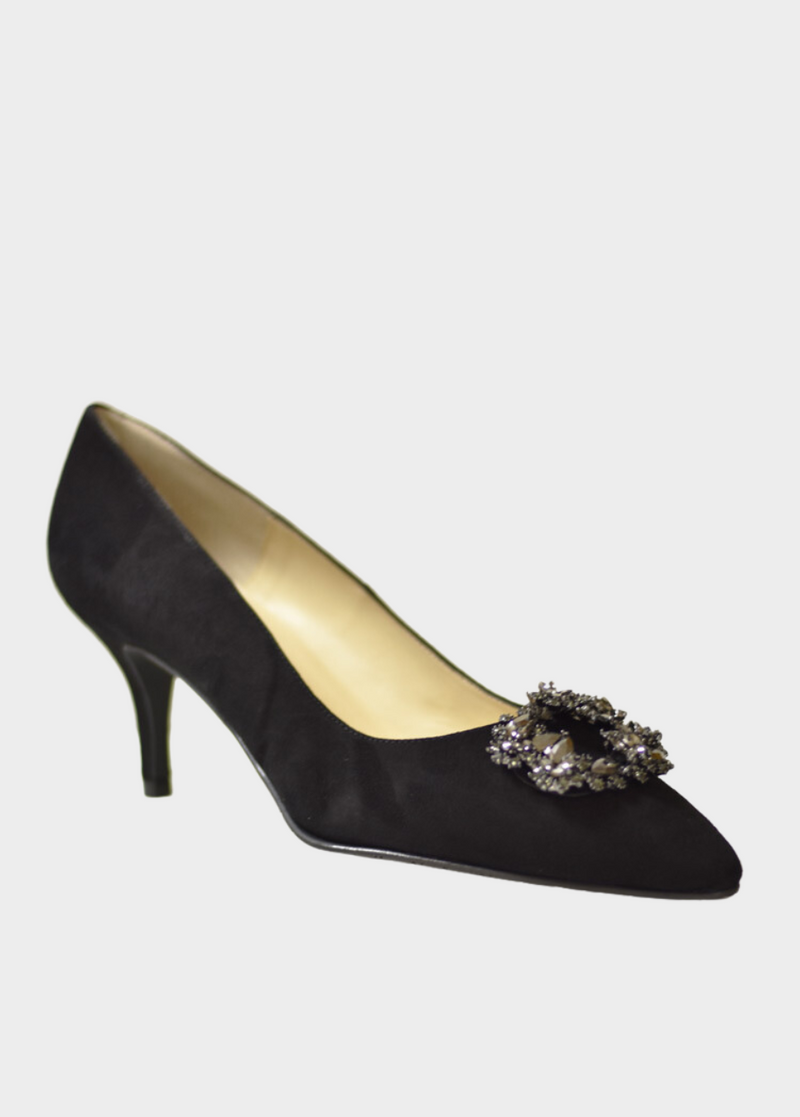 Elegant Black Suede Court Shoes with Brooch Embellishment