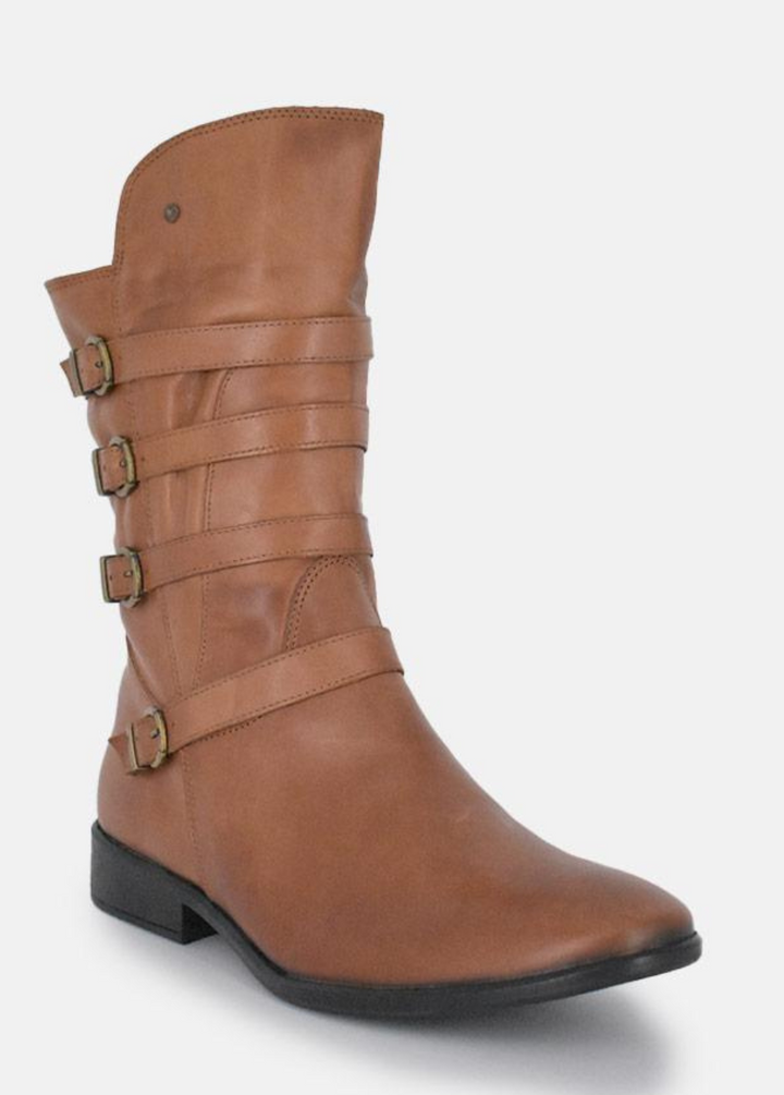 Cinderella Shoes Brown Leather Buckle Midi Boots