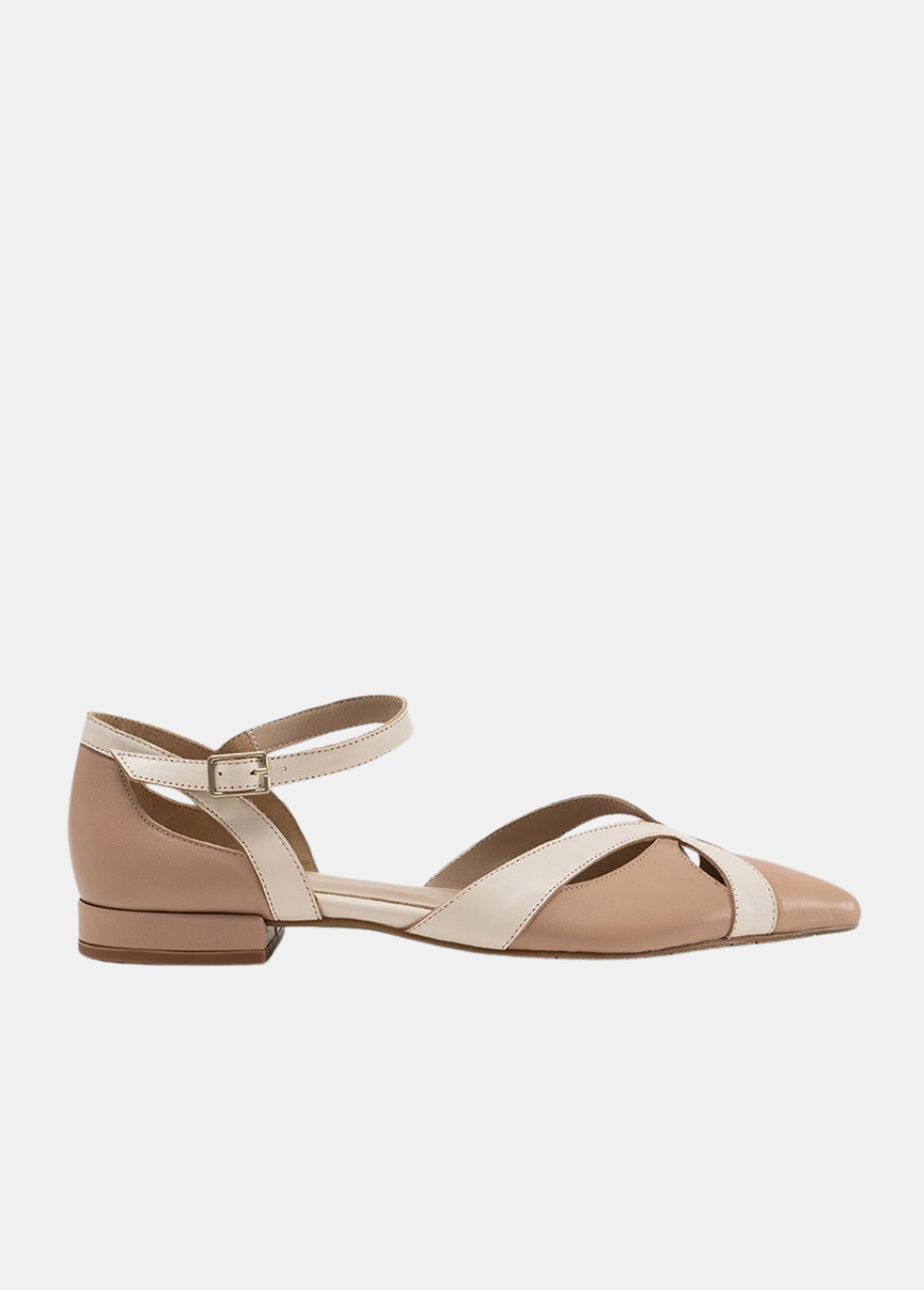 Dansi Retro T-Strap Patent Leather Flats - Beige & Taupe