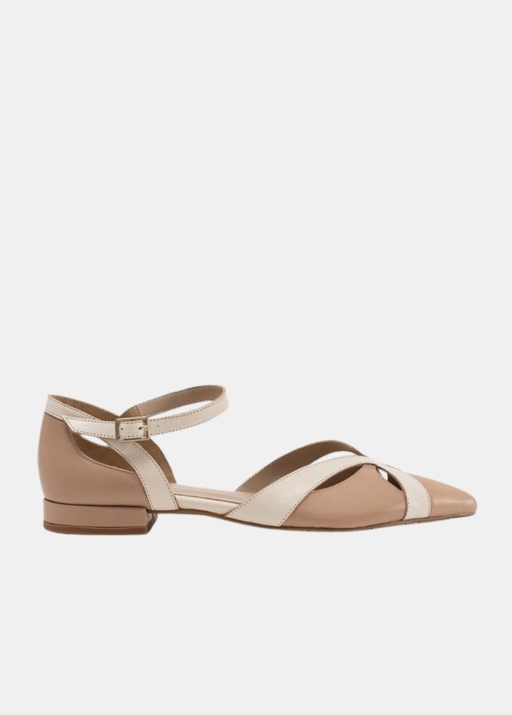 Dansi Retro T-Strap Patent Leather Flats - Beige & Taupe