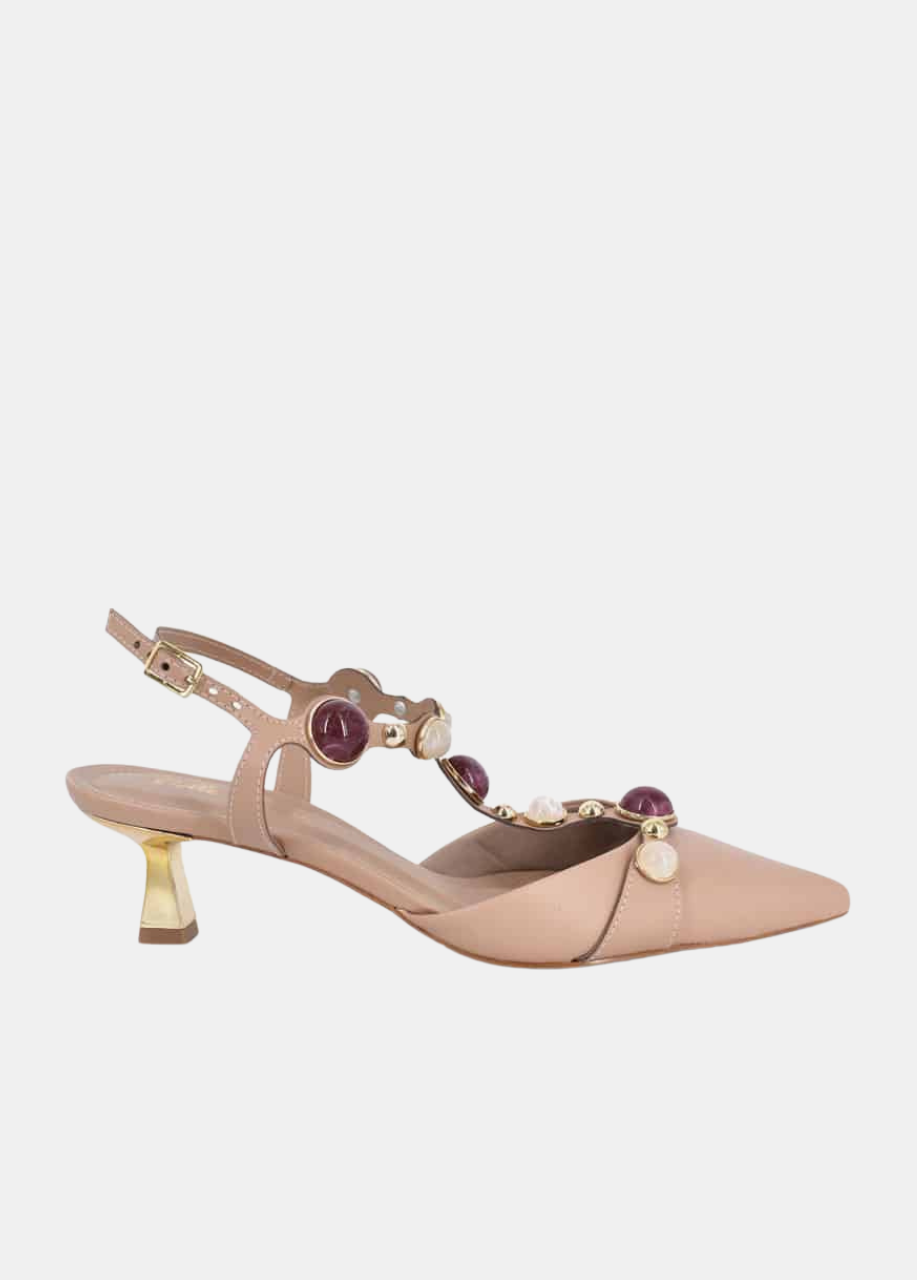 Belle & Lucy Chic Jeweled T-Strap Kitten Heels - Beige