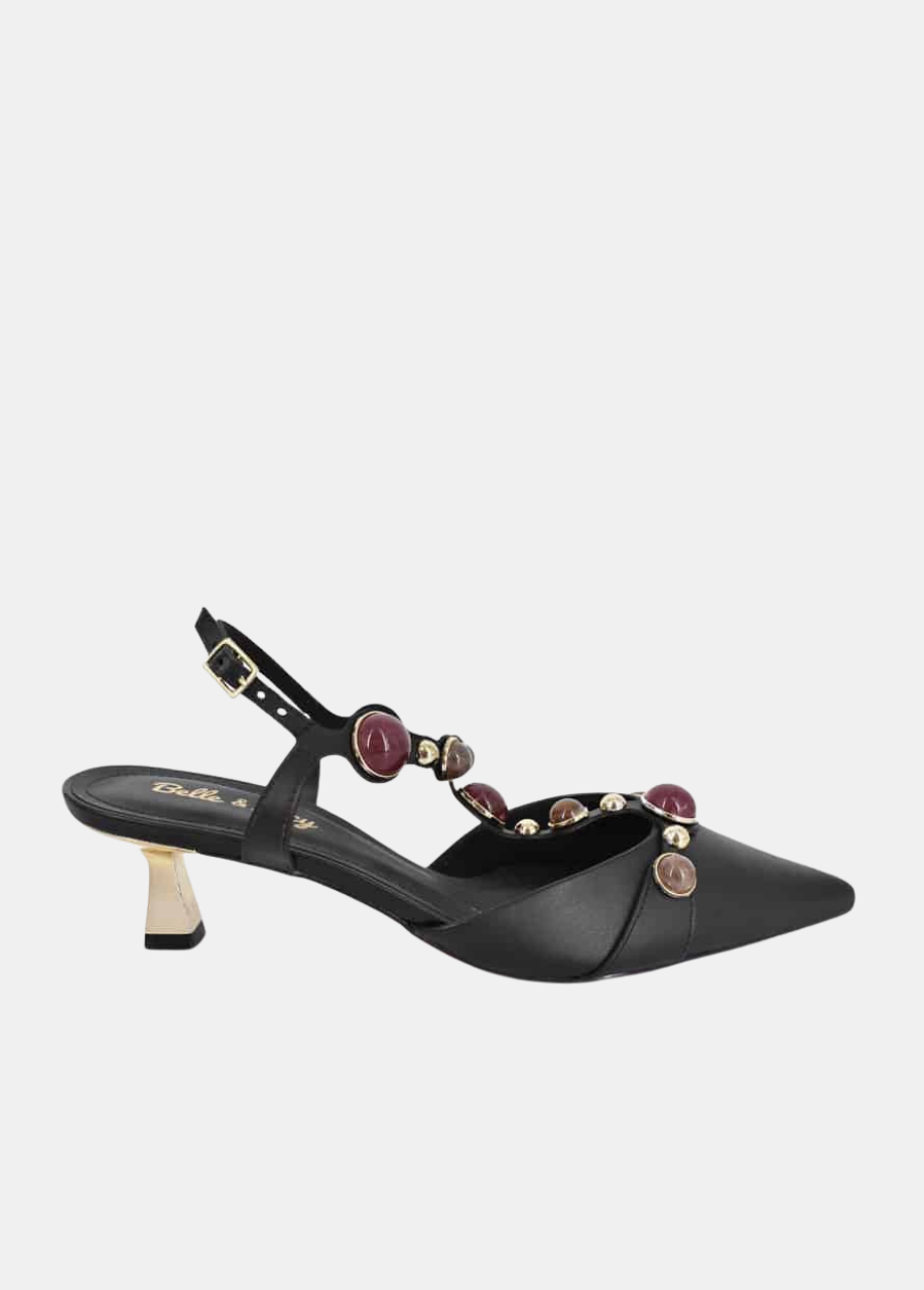 Belle & Lucy Chic Jeweled T-Strap Kitten Heels - Black