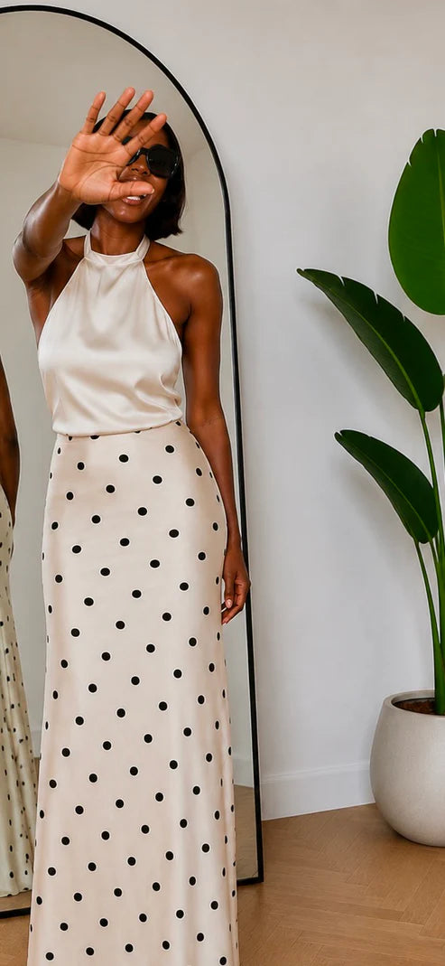 Tall Polka Dot Satin Maxi Skirt - Black Dots on Cream