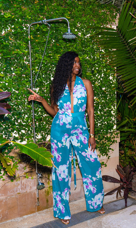 Hibiscus Valley Halter Jumpsuit - Teal Floral – Tall Size