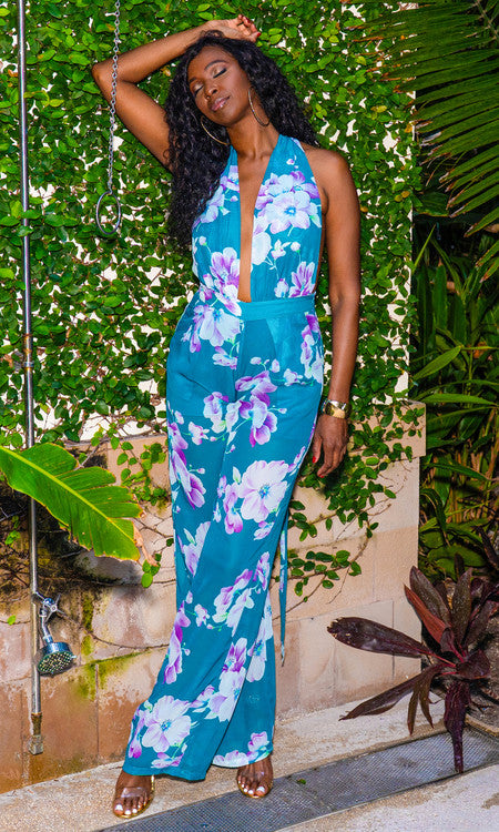 Hibiscus Valley Halter Jumpsuit - Teal Floral