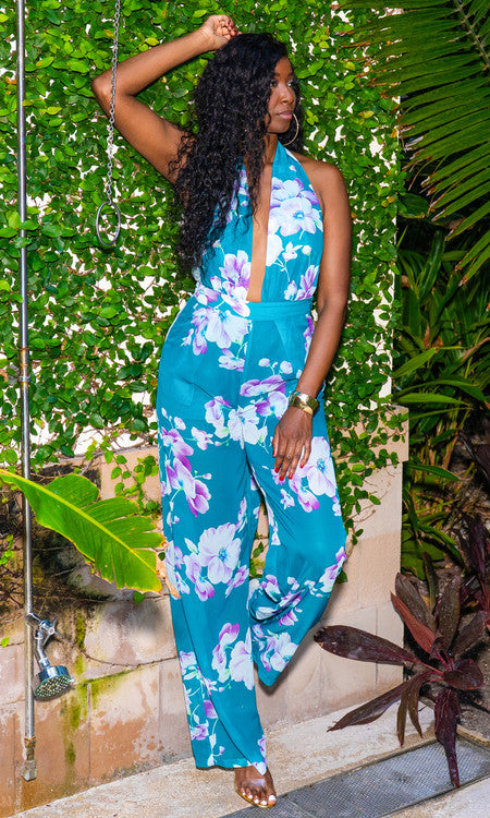Hibiscus Valley Halter Jumpsuit - Teal Floral