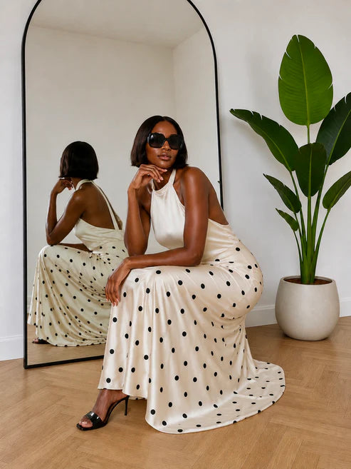 Tall Polka Dot Satin Maxi Skirt - Black Dots on Cream