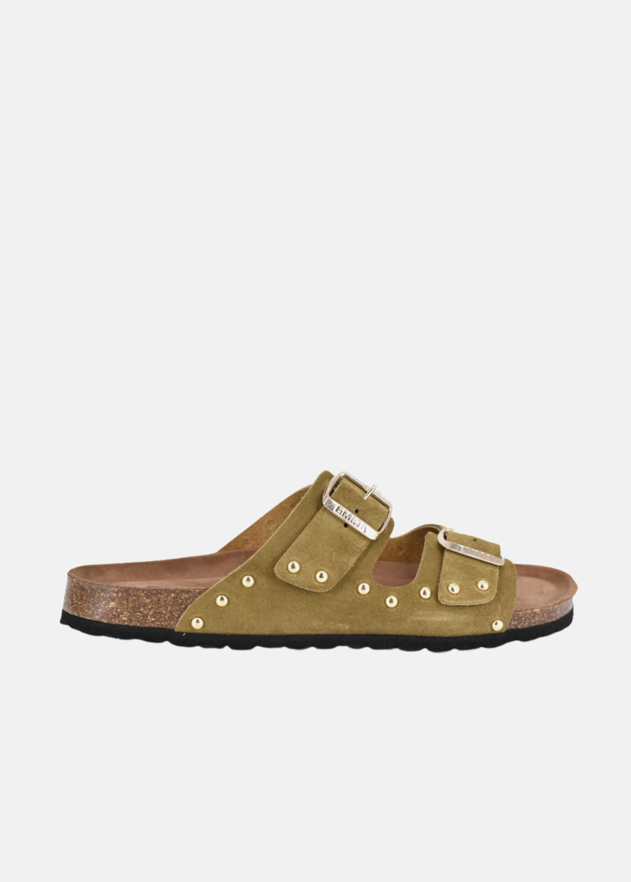 Plush Studded Suede Buckle Sandals - Olive