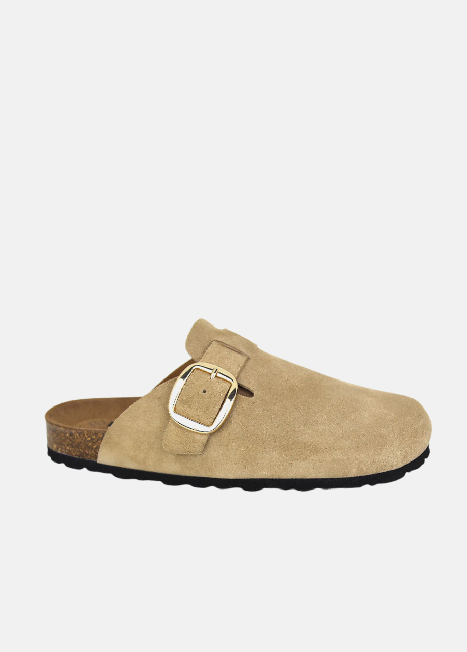 Statement Warm Suede Gold Buckle Clogs - Beige