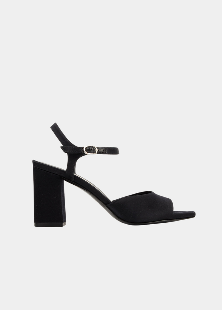 The Monica Heeled Sandal -  Black Satin