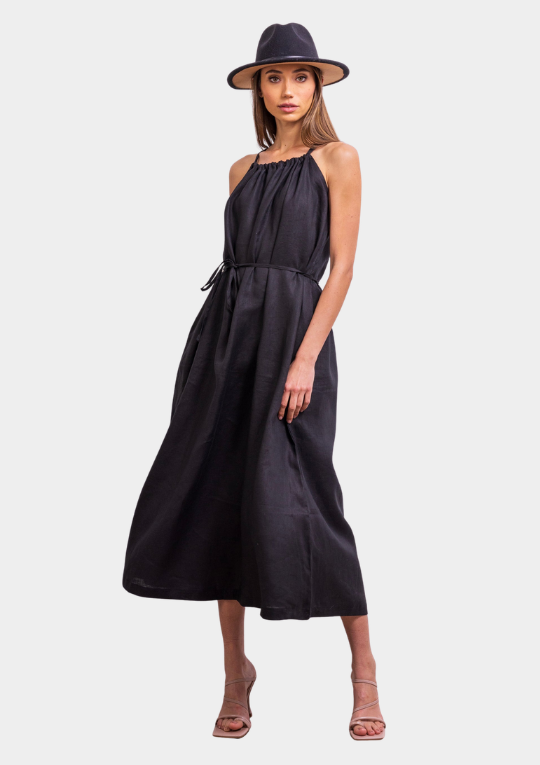 The Escape Linen Midi Dress - Black