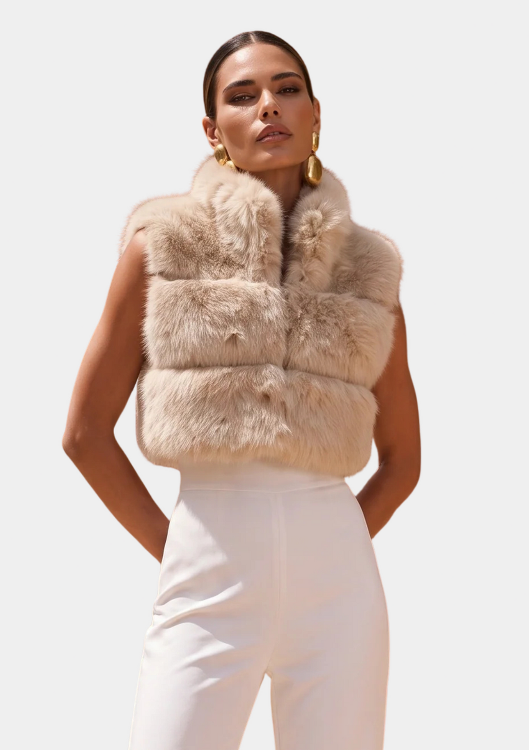 Nocturnal Nights Faux Fur Cropped Vest - Beige
