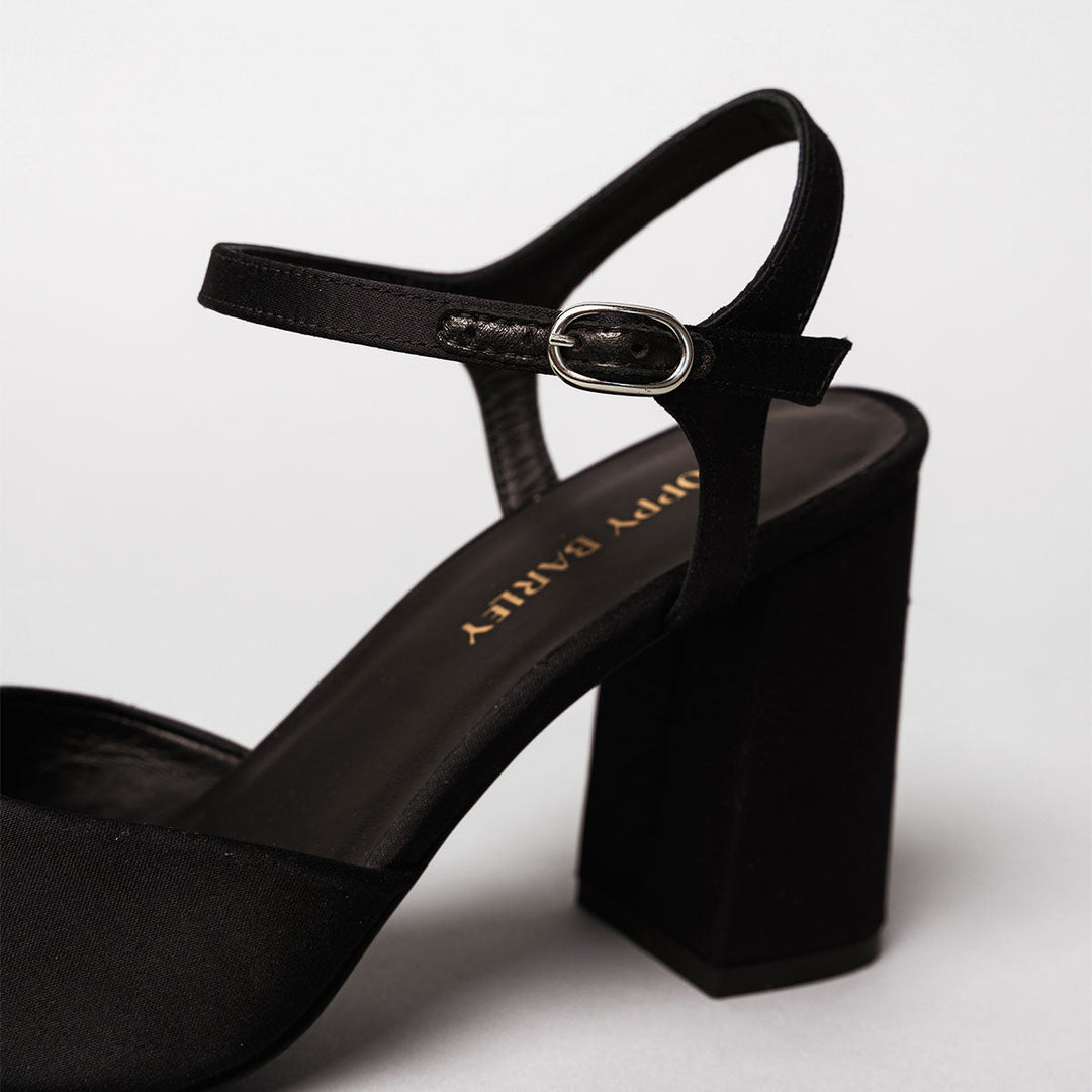 The Monica Heeled Sandal -  Black Satin