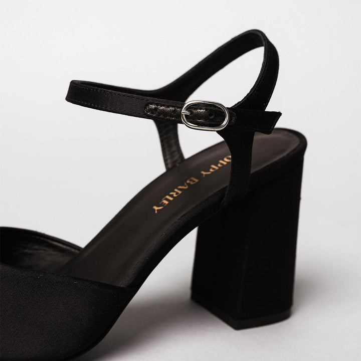 The Monica Heeled Sandal -  Black Satin