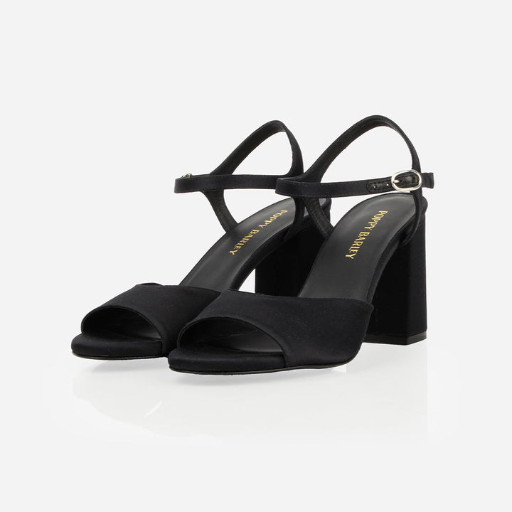 The Monica Heeled Sandal -  Black Satin