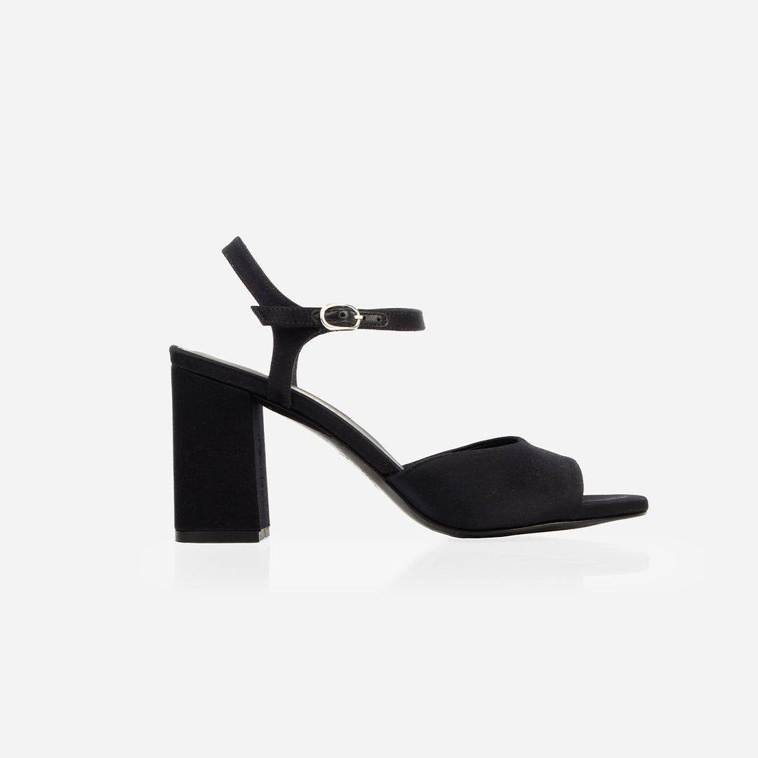 The Monica Heeled Sandal -  Black Satin