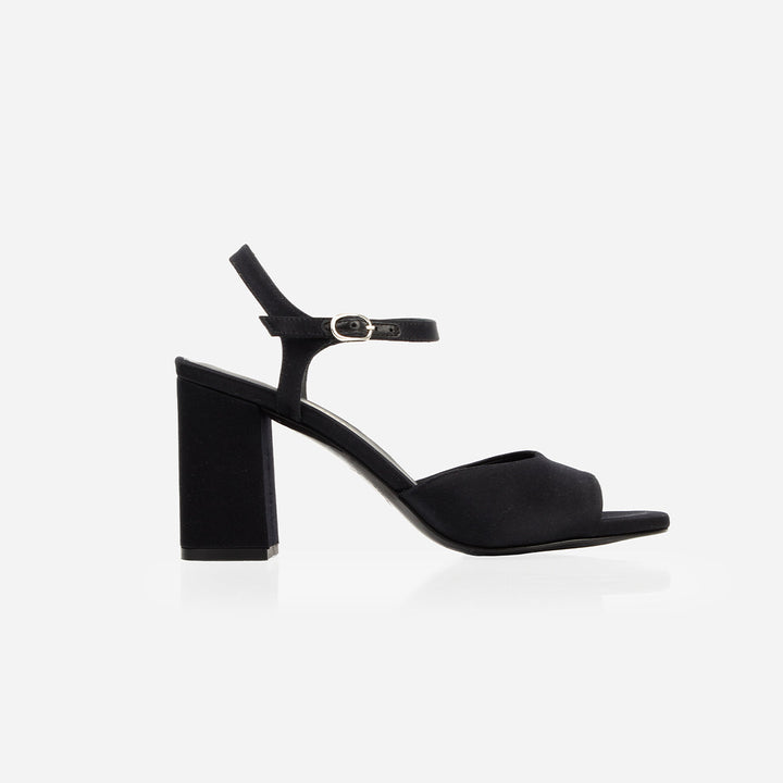 The Monica Heeled Sandal -  Black Satin
