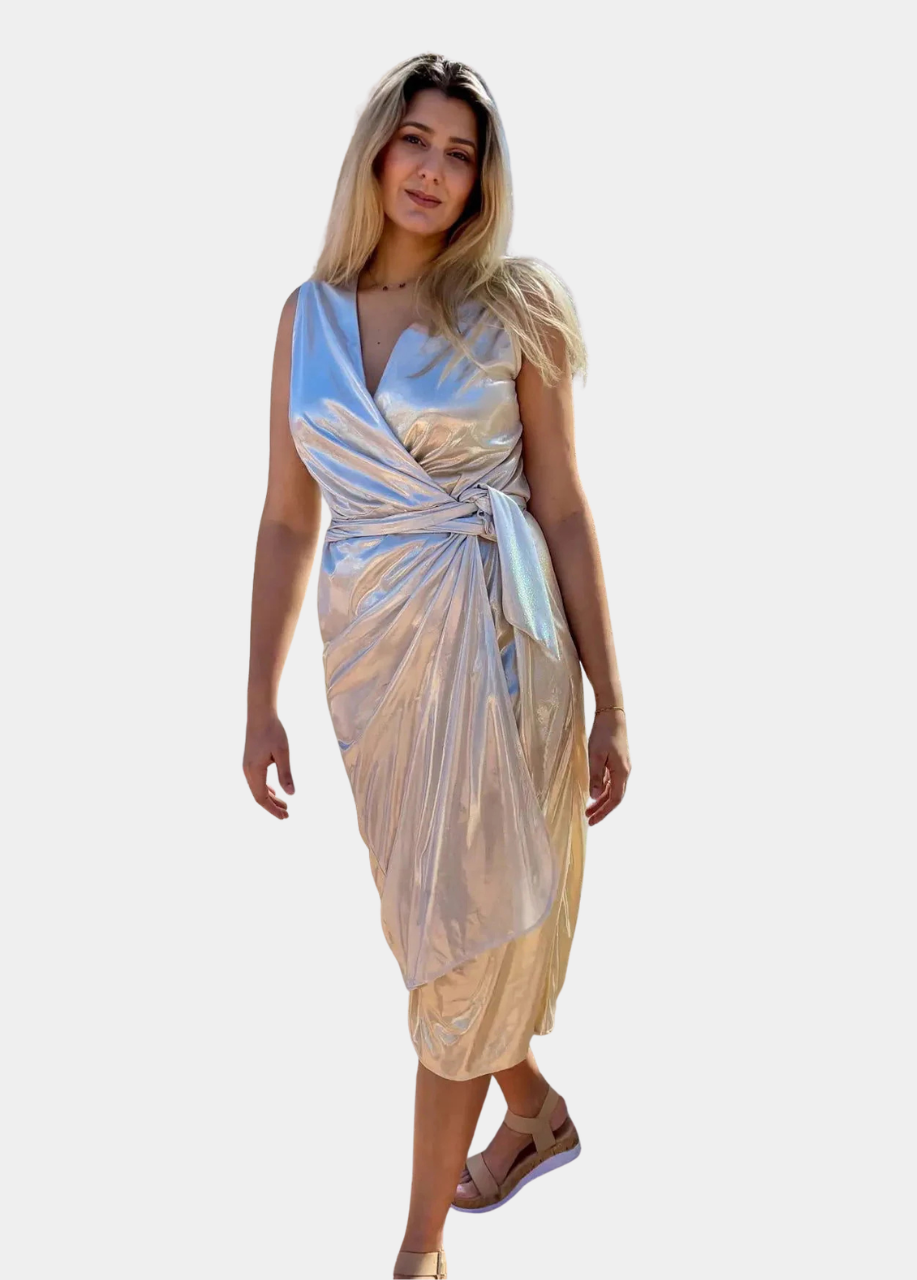 Liquid Shimmer Two Tone Wrap Midi Dress