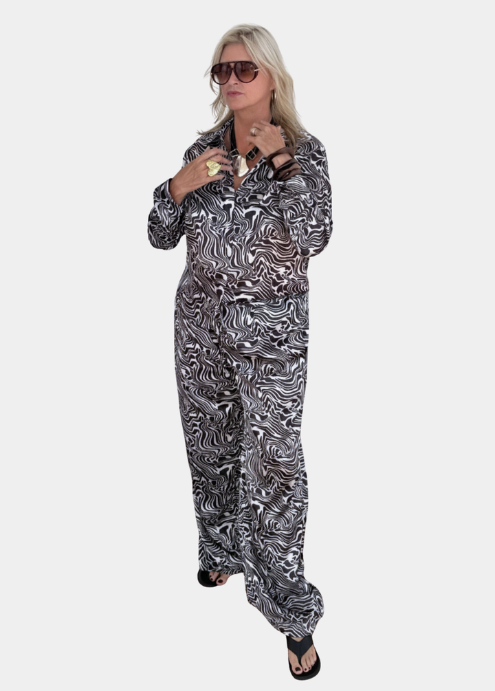 Zebra Three-Piece Set for Tall Women - Blouse, Satin Pants & Lace-Trim Skirt