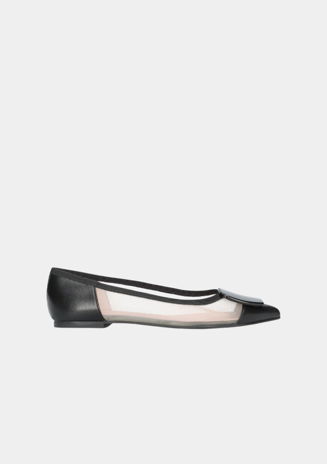 Pretty Ballerinas Chic Pointed Flats with Oversized Buckle - Sheer/Black