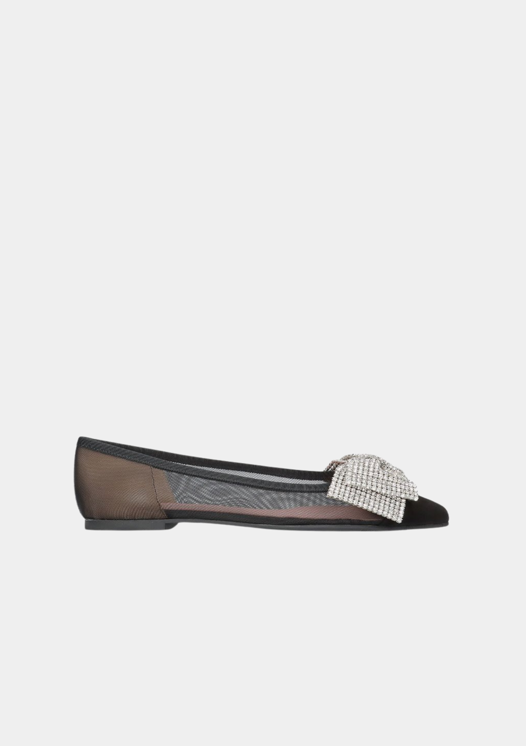 Pretty Ballerinas Glamorous Sheer Flats with Crystal Bow - Black