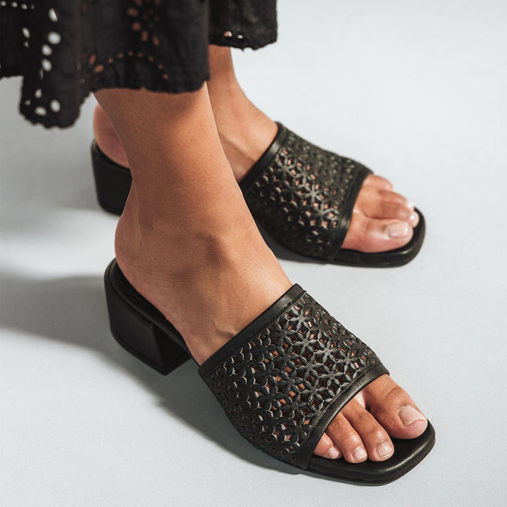 The Paloma Heeled Sandal - Perforated Black