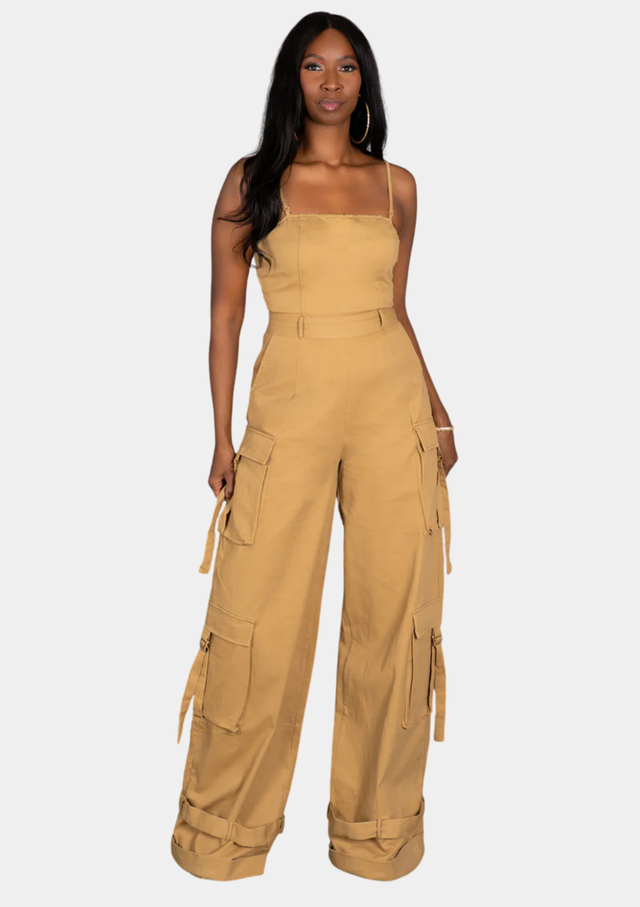 Street Chic Cargo Jumpsuit - Sand