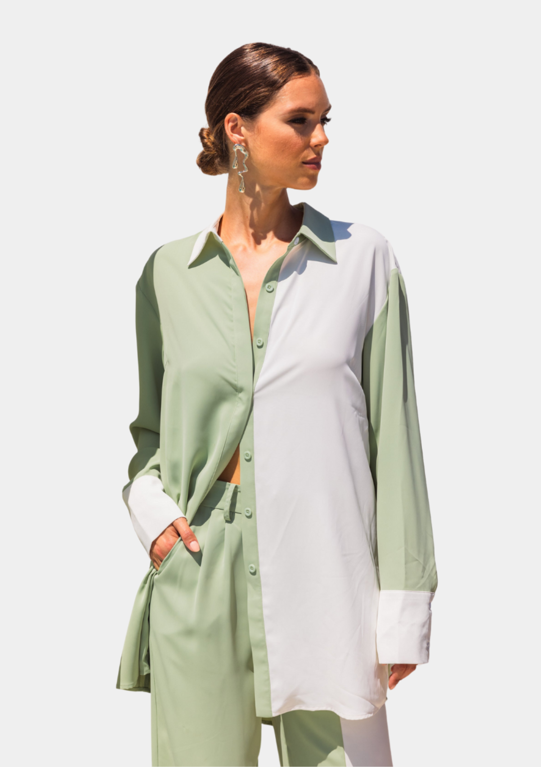 Half of the Hour Block Contrast Color Oversized Shirt - Green