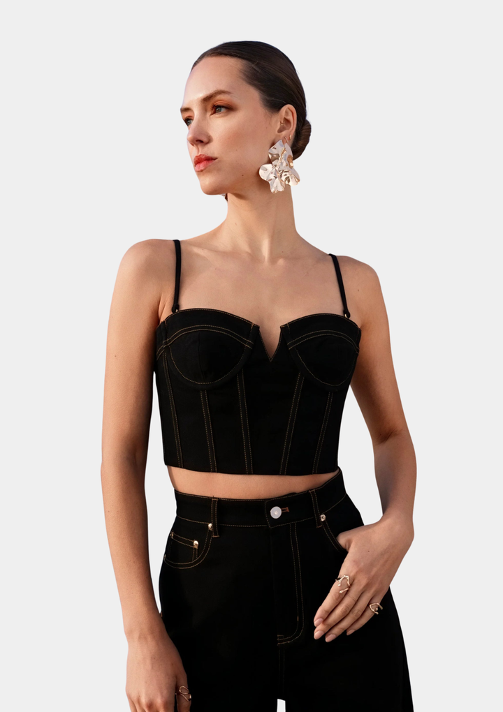 The Go-Around Denim Bustier Top - Black