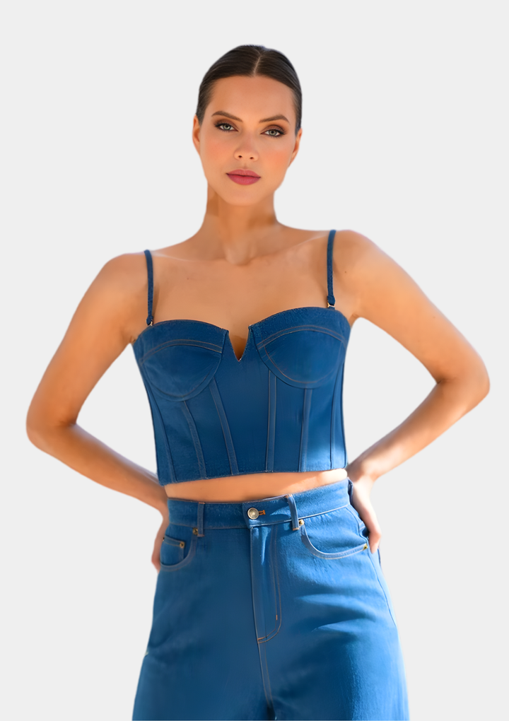 The Go-Around Denim Bustier Top - Blue
