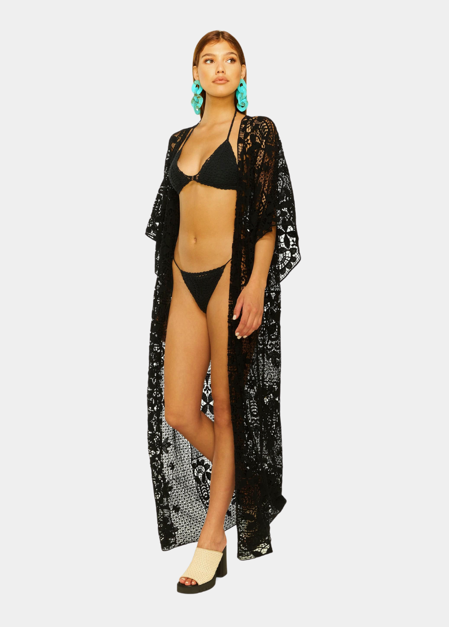 Beyond Normality Crochet Lace Maxi Robe Kaftan - Black