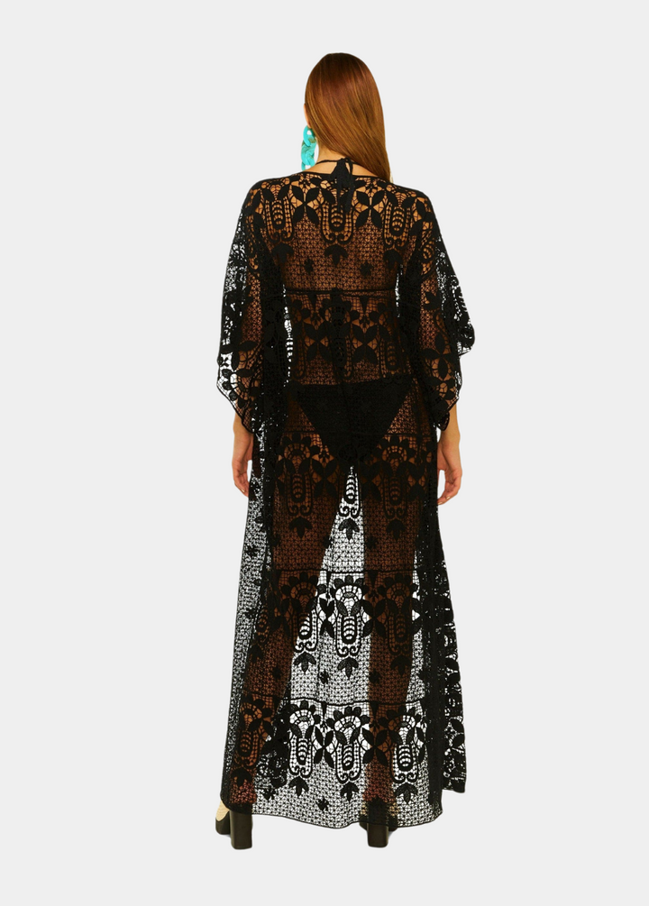 Beyond Normality Crochet Lace Maxi Robe Kaftan - Black