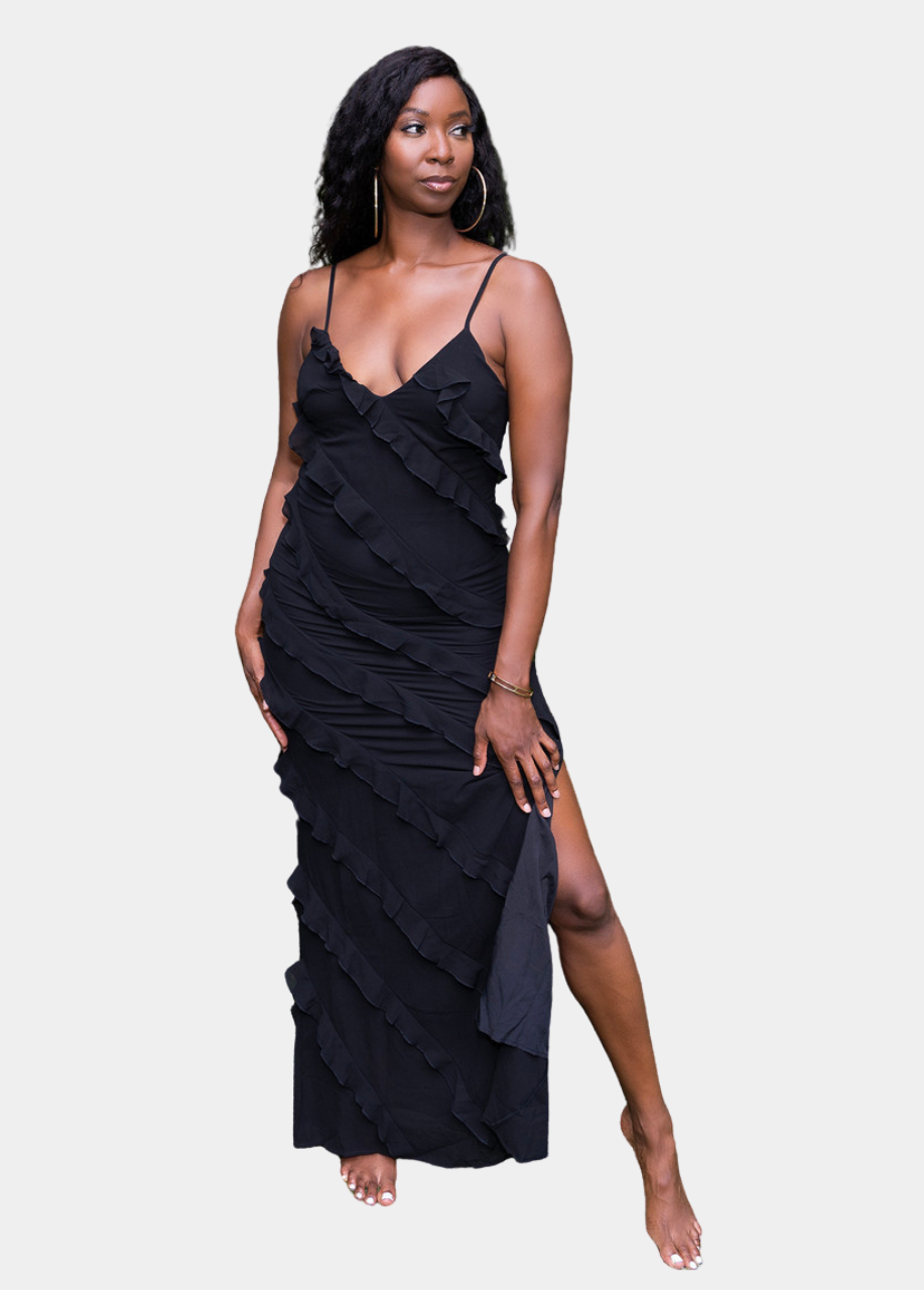 long black dress with ruffles Frankies Bikinis - Christabelle Ruffle Maxi catching finishes like a low Barcelona Ruffle Maxi Dress -