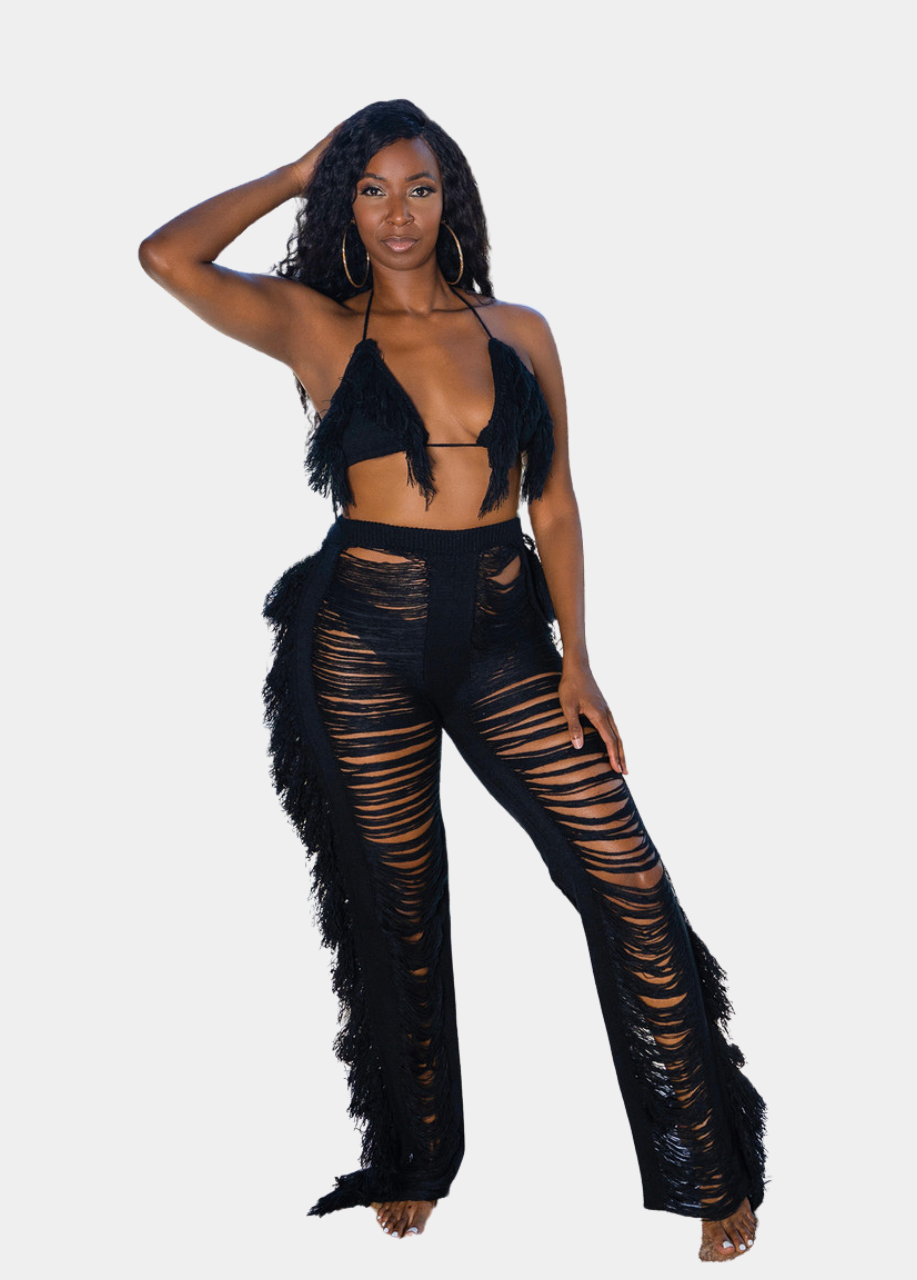 Coconut Cove Fringe Crochet Pant Set - Black – Tall Size