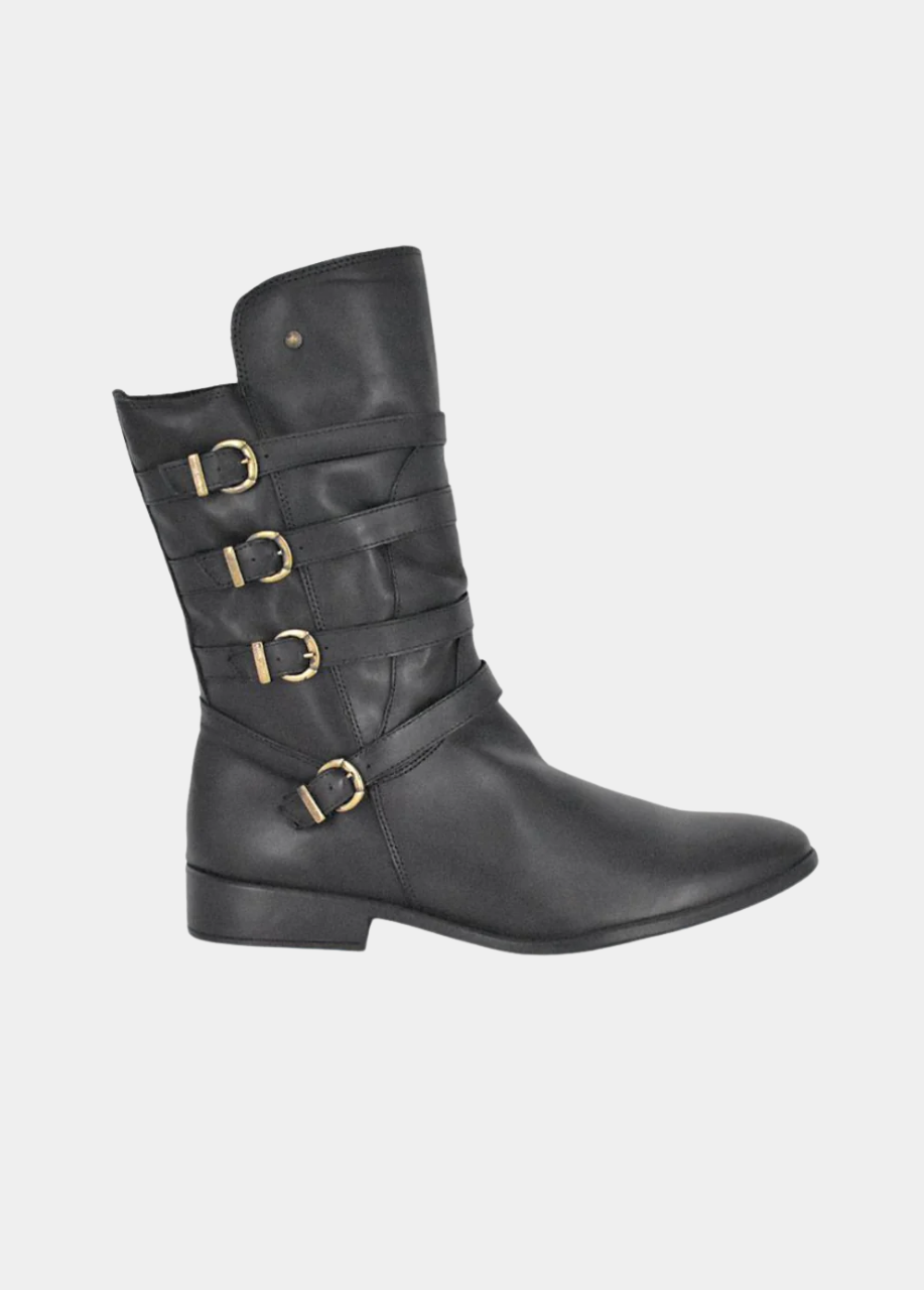 Cinderella Shoes Black Leather Buckle Midi Boots