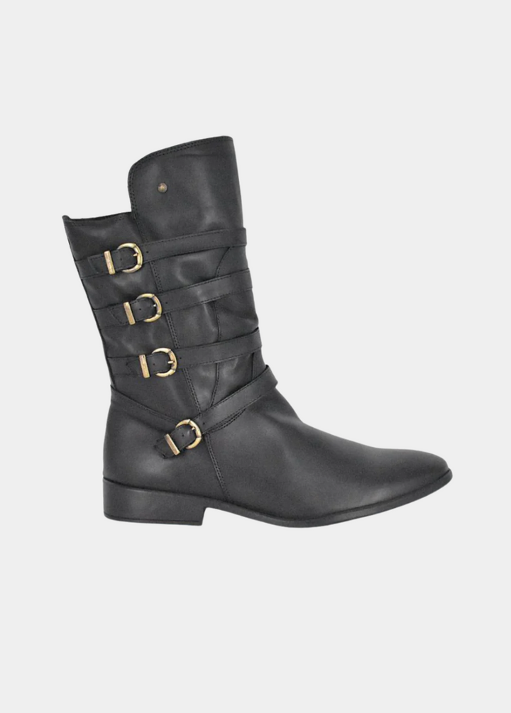 Cinderella Shoes Black Leather Buckle Midi Boots