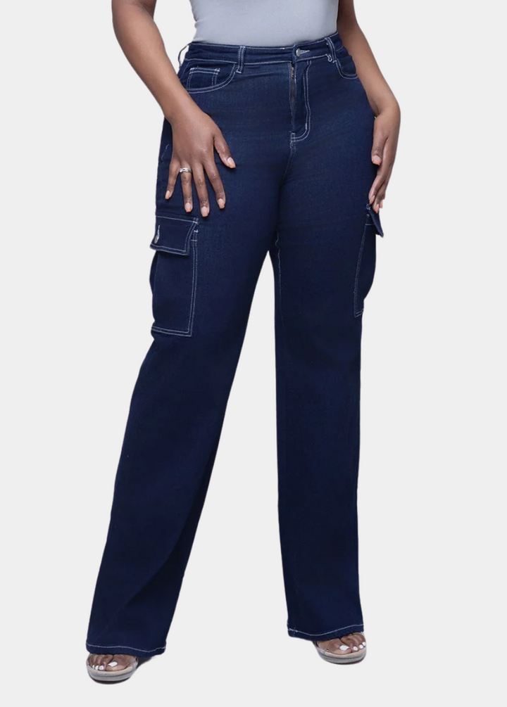 Tall Women Dark Denim Cargo Jeans