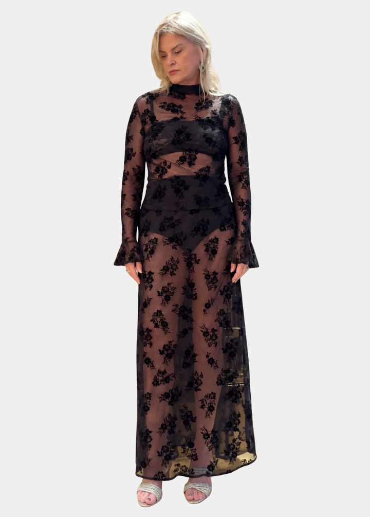 The Seraphina Tall Victorian Floral Mesh 3-Piece Maxi Set - Black