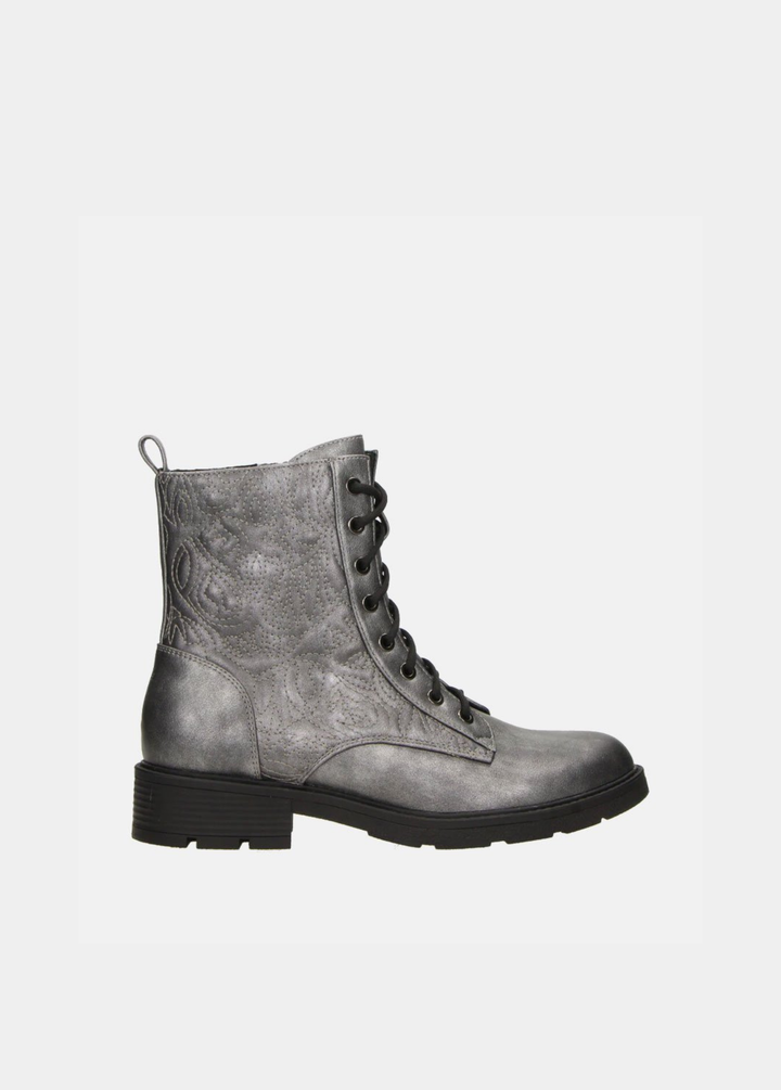Pretty Floral-Embossed Combat Boots - Metallic